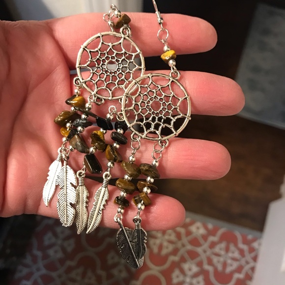 Bohemian dream catcher tigers eye dangle earrings - Picture 5 of 5